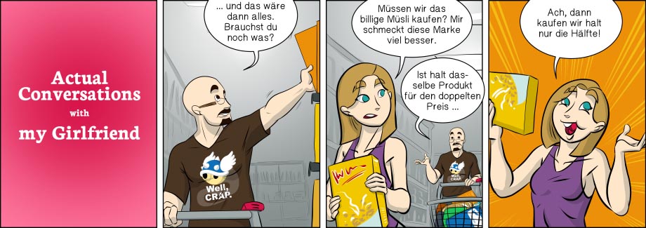 Piece of Me. Ein Webcomic über teures Müsli und geniale Spar-Tricks.